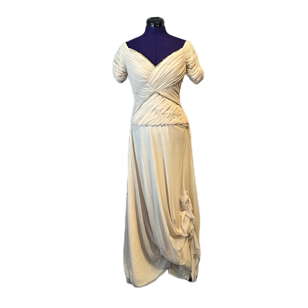 Beige Mesh Gold Trim Short Sleeve Maxi Dress